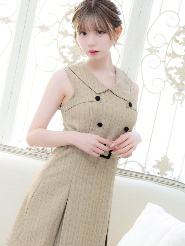 ミニドレス Aライン ノースリーブ ワンピース 同伴 襟付き ベルト付き ダブルボタン ブラジャーのまま ストライプ XL ベージュ キャバドレス の商品画像2枚目