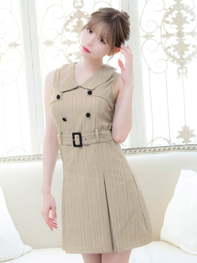 ミニドレス Aライン ノースリーブ ワンピース 同伴 襟付き ベルト付き ダブルボタン ブラジャーのまま ストライプ XL ベージュ キャバドレス の商品画像4枚目
