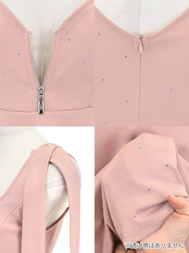 ミニドレス Aライン ノースリーブ ショルダーリボン ジップ ビジュー 谷間 ストレッチ ピンク XL キャバドレス のディティール画像