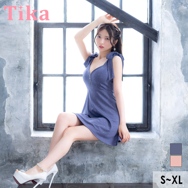 ミニドレス Aライン ノースリーブ ショルダーリボン ジップ ビジュー 谷間 ストレッチ ブルー XL キャバドレス のメイン画像