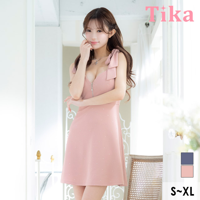 ミニドレス Aライン ノースリーブ ショルダーリボン ジップ ビジュー 谷間 ストレッチ ピンク XL キャバドレス の商品画像1枚目