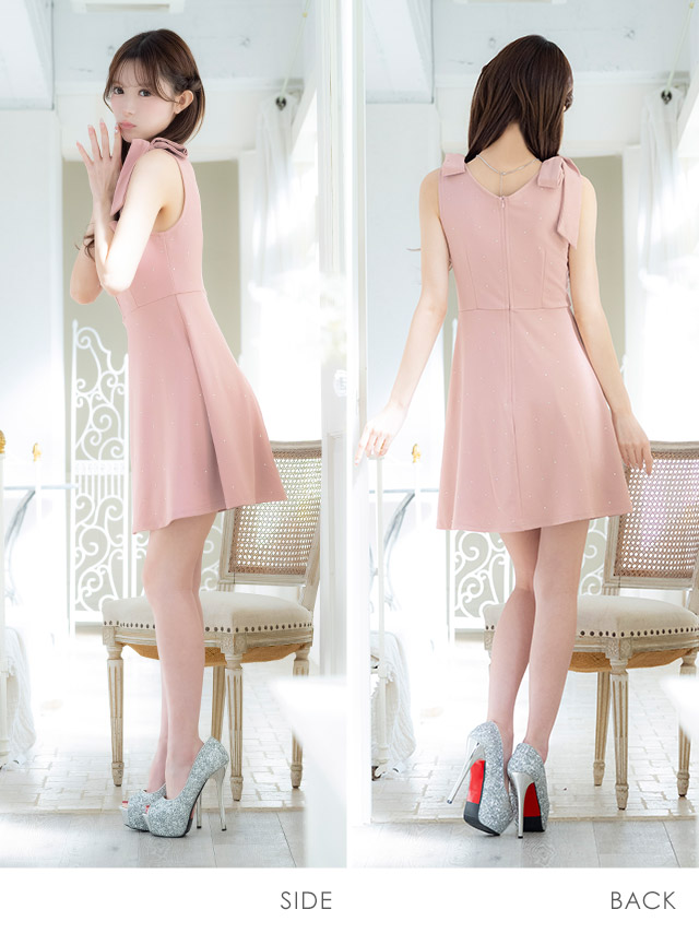 ミニドレス Aライン ノースリーブ ショルダーリボン ジップ ビジュー 谷間 ストレッチ ピンク XL キャバドレス のサイド・バック画像