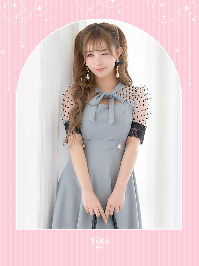 ドット柄シアー半袖ネックリボンフレアミニドレスの商品画像2枚目