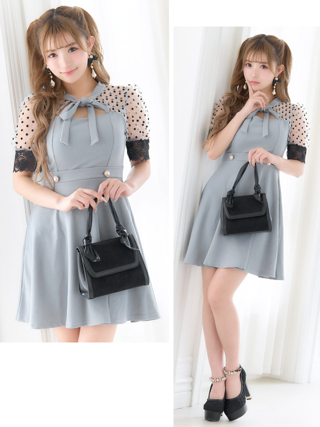 ドット柄シアー半袖ネックリボンフレアミニドレスの商品画像3枚目