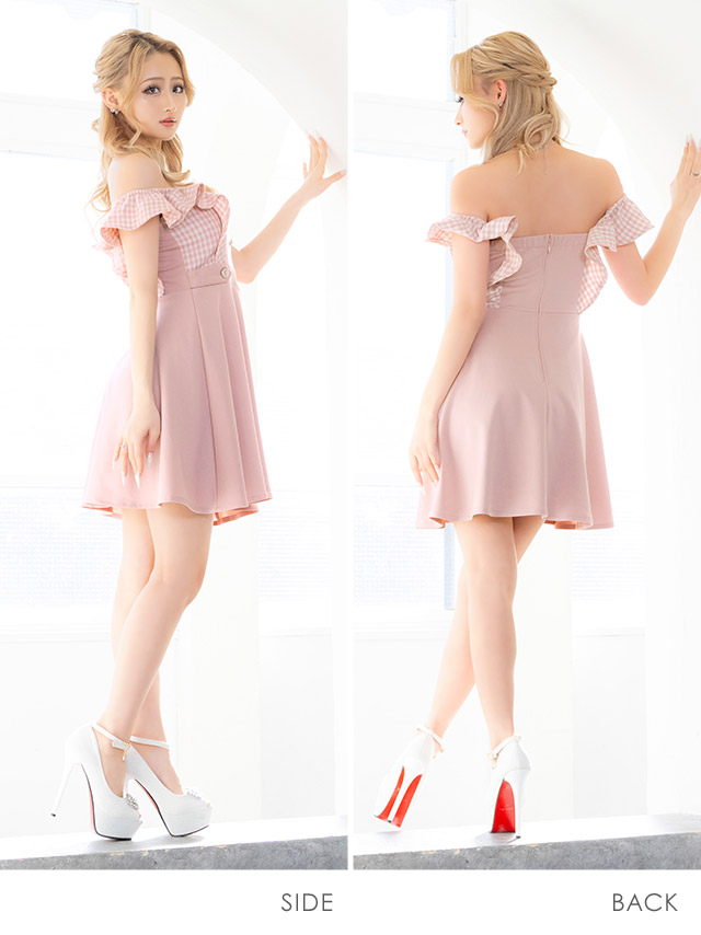 2Wayオフショルダーフリル袖ギンガムチェック柄ウエストベルト切り替えフレアミニドレスのサイドバック