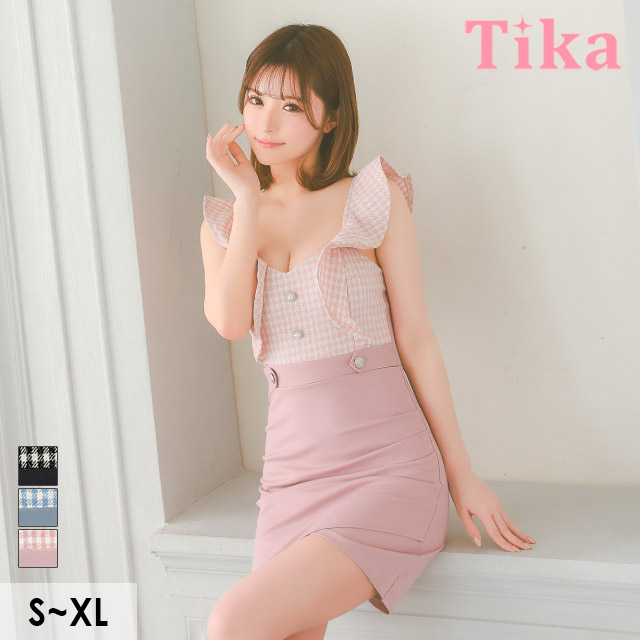 キャミソールフリル袖ギンガムチェック柄切り替えラップタイトミニドレスの商品画像1枚目