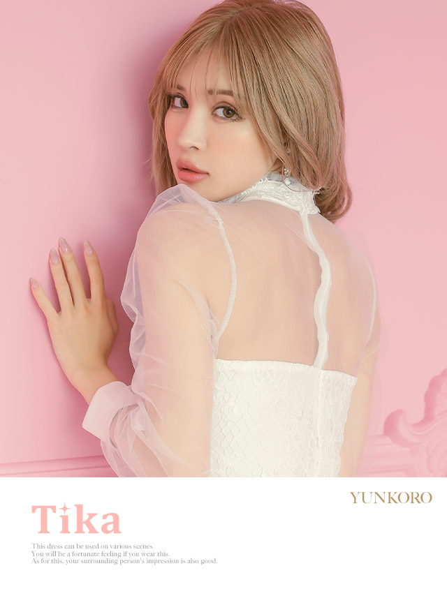 長袖ハイネックチュール切り替えフラワー総レースタイトミニドレスの商品画像2枚目