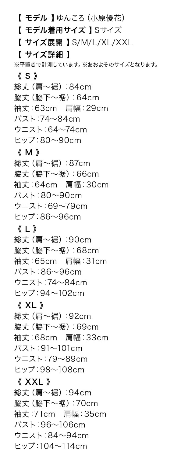 長袖ハイネックチュール切り替えフラワー総レースタイトミニドレスのサイズ表2枚目