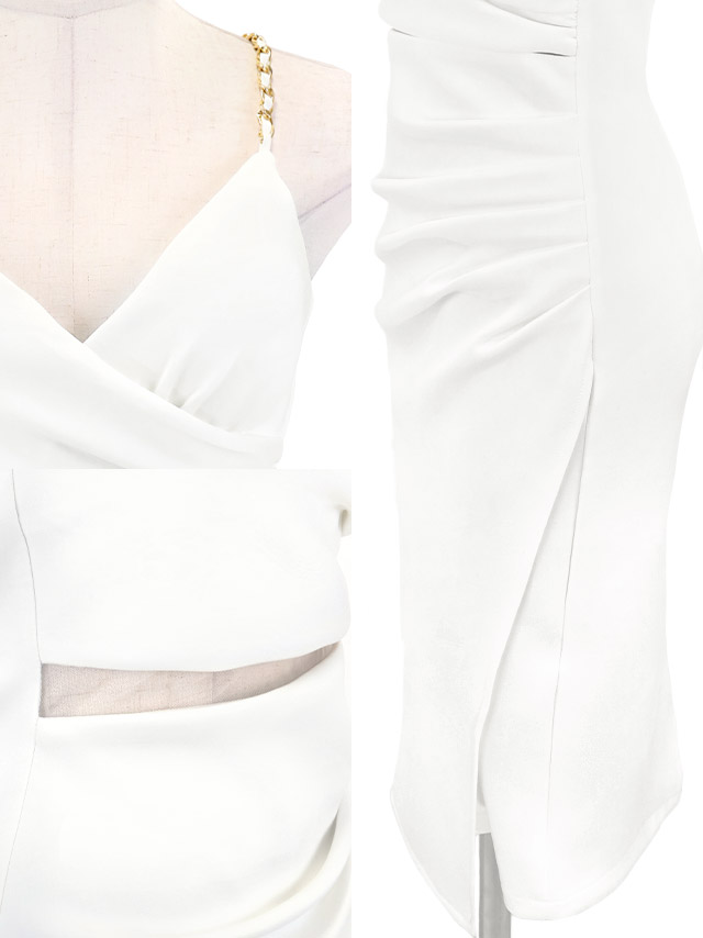 膝丈ドレスタイト谷間シンプル大人上品ストレッチキャミソールチェーンショルダーウエストカットシースルーラップXLホワイトキャバドレスのカラー