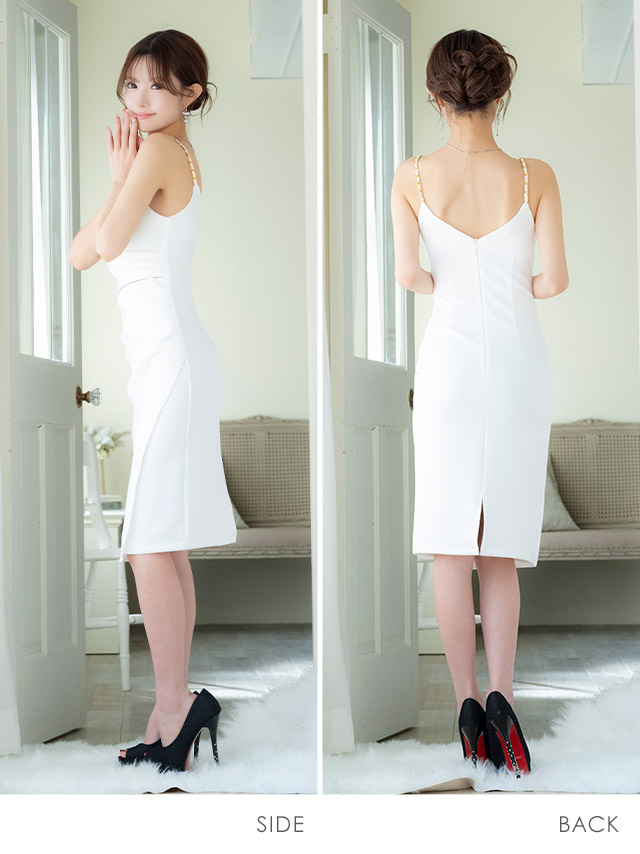膝丈ドレスタイト谷間シンプル大人上品ストレッチキャミソールチェーンショルダーウエストカットシースルーラップXLホワイトキャバドレスのサイドバック