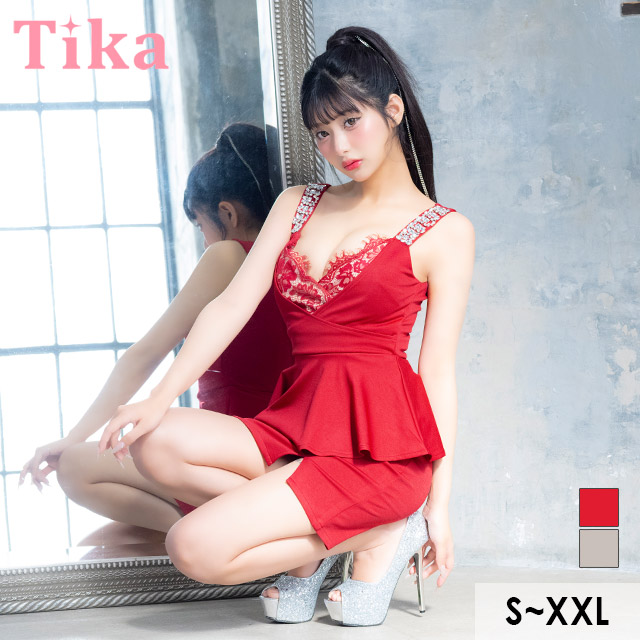 ミニドレス ペプラム 谷間 ハートカット レース ストレッチ ビジュー キャミソール お腹カバー 大きいサイズ XL XXL 赤ドレス タイト キャバドレス のメイン画像