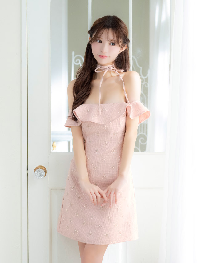 ミニドレスオフショルダーツイードAラインビジューフラワーチョーカーリボン付きダスティローズピンクXLキャバドレスの商品画像2枚目