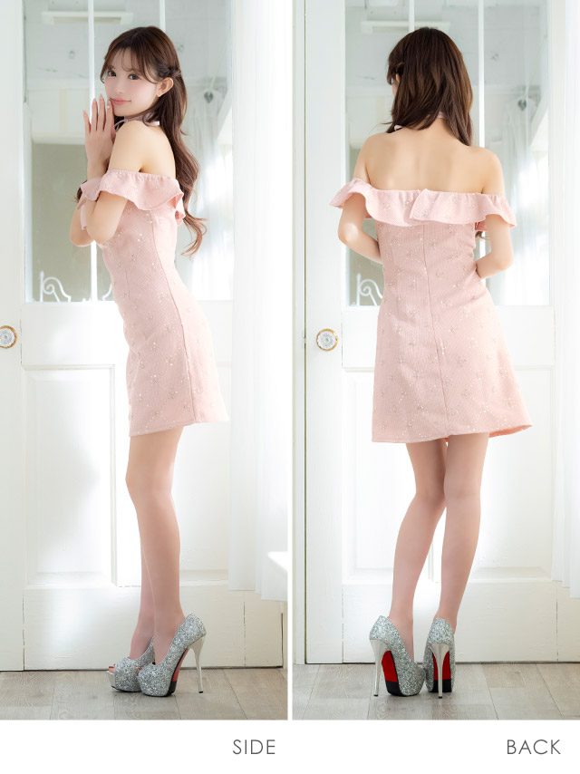 ミニドレスオフショルダーツイードAラインビジューフラワーチョーカーリボン付きダスティローズピンクXLキャバドレスのサイドバック