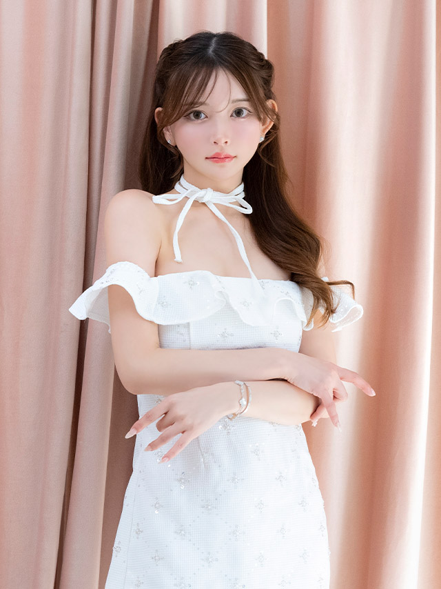 ミニドレス オフショルダー ツイード Aライン ビジュー フラワー チョーカーリボン付き ホワイト XL キャバドレス の商品画像2枚目