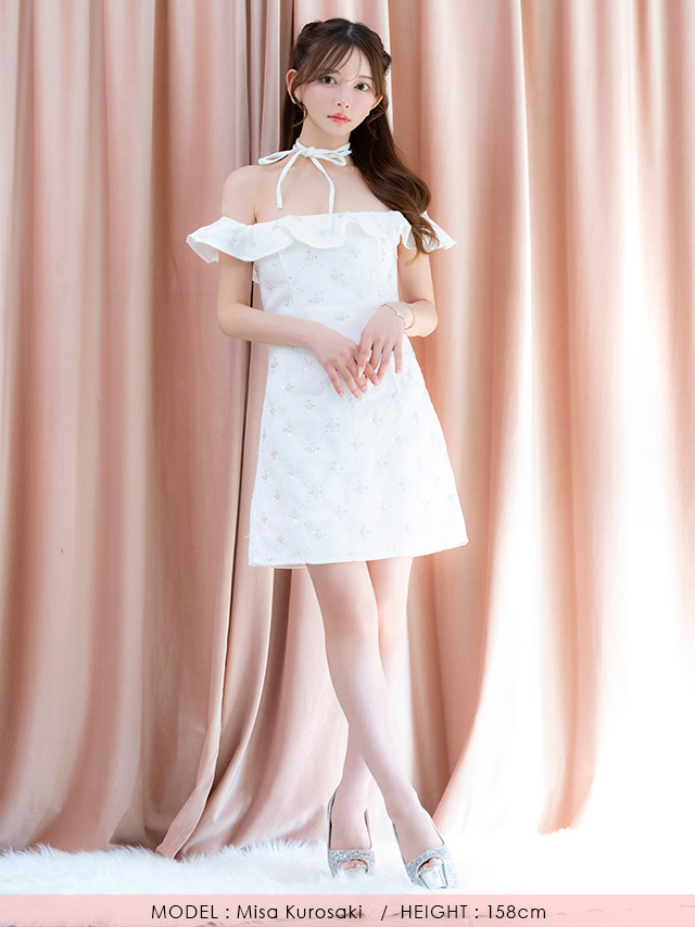 ミニドレス オフショルダー ツイード Aライン ビジュー フラワー チョーカーリボン付き ホワイト XL キャバドレス のフロント画像