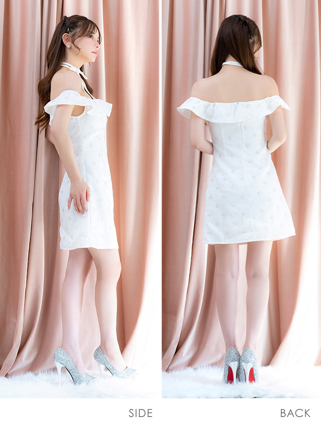 ミニドレス オフショルダー ツイード Aライン ビジュー フラワー チョーカーリボン付き ホワイト XL キャバドレス のサイド・バック画像
