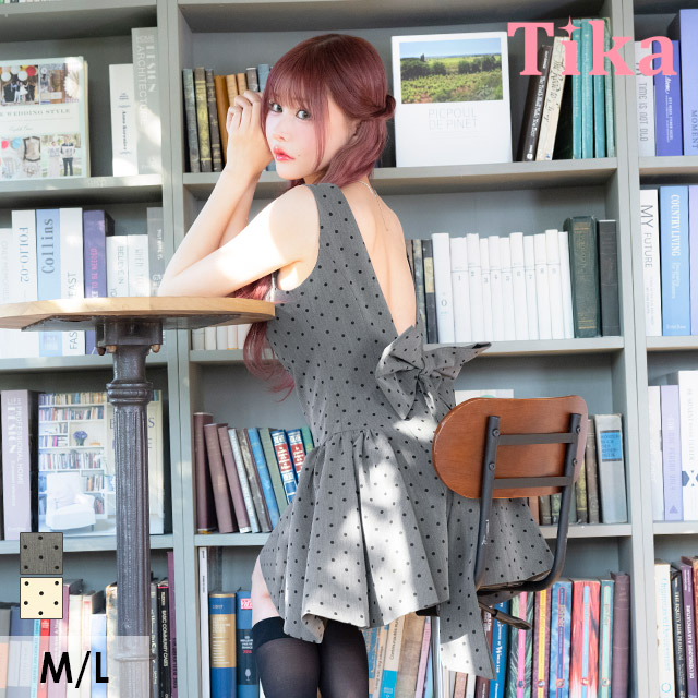 ワンピースAラインミニドレスノースリーブ上品背中魅せドット柄ピンドットバックリボン同伴キャバドレス