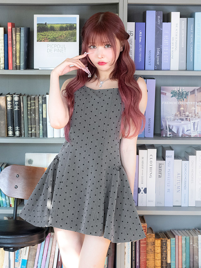 ワンピースAラインミニドレスノースリーブ上品背中魅せドット柄ピンドットバックリボン同伴キャバドレス