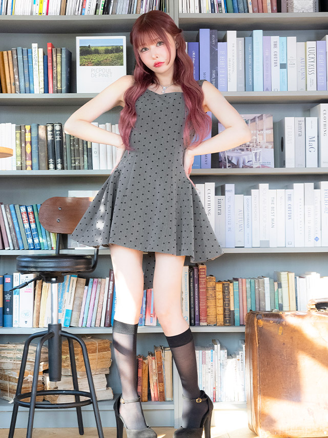 ワンピースAラインミニドレスノースリーブ上品背中魅せドット柄ピンドットバックリボン同伴キャバドレス