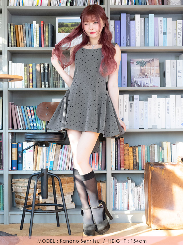 ワンピースAラインミニドレスノースリーブ上品背中魅せドット柄ピンドットバックリボン同伴キャバドレス