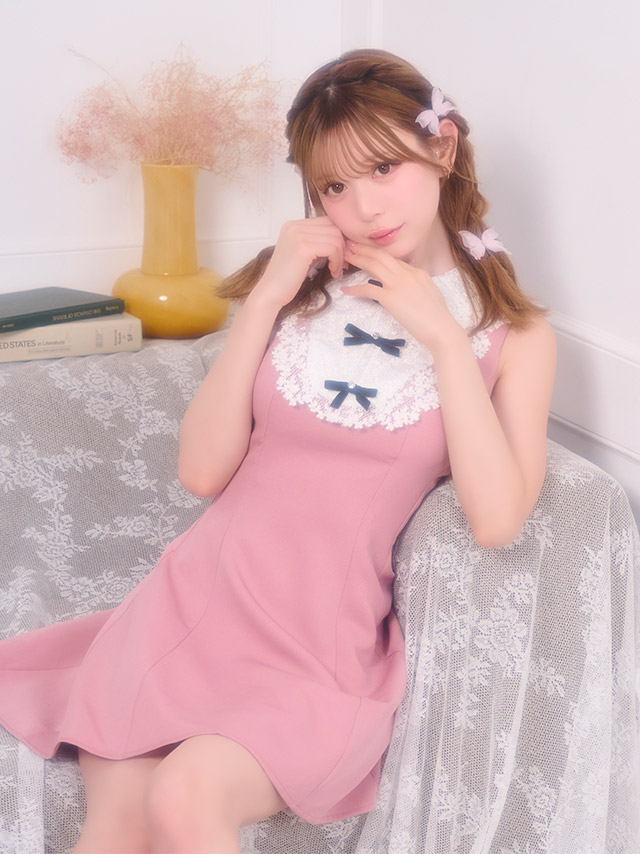 ミニドレス ノースリーブ Aライン レース 襟付き リボン 同伴 胸元カバー 下着のまま ピンク XL キャバドレス の座り画像3枚目