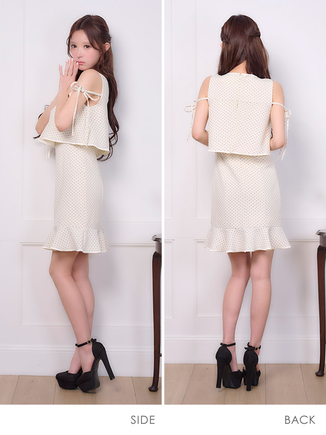 ミニドレス ドット柄 ノースリーブ リボンバストカット ネックリボン 下着のまま 裾フリル XL タイト アイボリー キャバドレス のサイド・バック画像