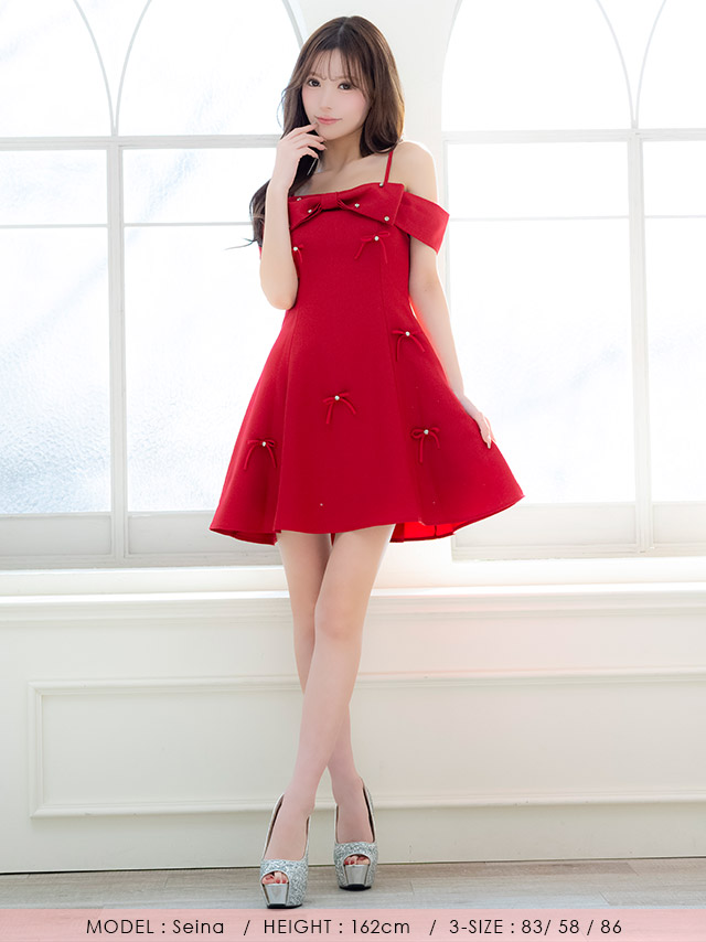 ミニドレス Aライン ビジュー ワンピース リボン 同伴 肩あき バレンタイン 赤ドレス キャバドレス のフロント画像