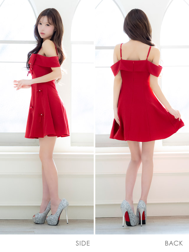 ミニドレス Aライン ビジュー ワンピース リボン 同伴 肩あき バレンタイン 赤ドレス キャバドレス のサイド・バック画像