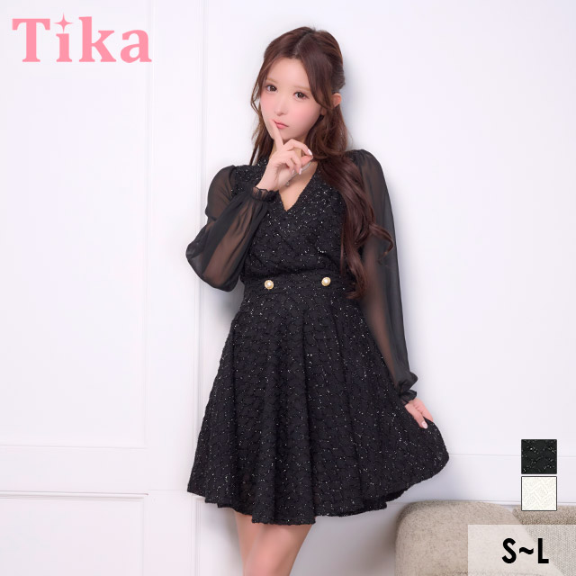 膝丈ドレス Aライン 長袖 ツイード ラメ ワンピース Vネック 大人 上品 二の腕カバー 下着のまま お呼ばれ 高身長 黒 キャバドレス のメイン画像