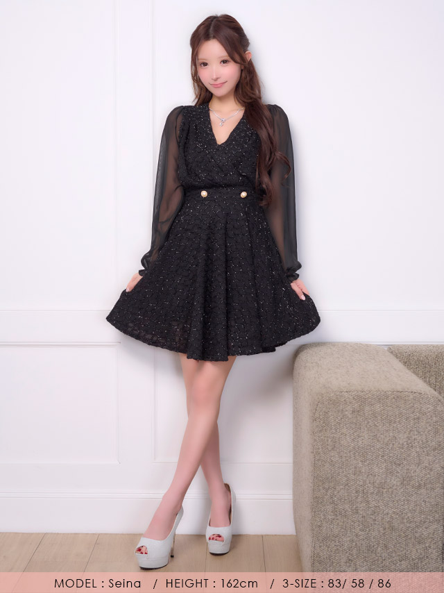 膝丈ドレス Aライン 長袖 ツイード ラメ ワンピース Vネック 大人 上品 二の腕カバー 下着のまま お呼ばれ 高身長 黒 キャバドレス のフロント画像