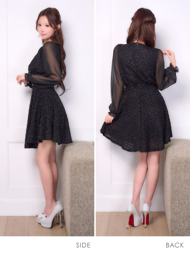 膝丈ドレス Aライン 長袖 ツイード ラメ ワンピース Vネック 大人 上品 二の腕カバー 下着のまま お呼ばれ 高身長 黒 キャバドレス のサイド・バック画像