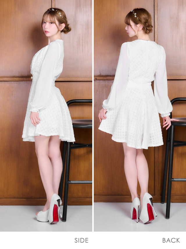 膝丈ドレス Aライン 長袖 ツイード ラメ ワンピース Vネック 大人 上品 二の腕カバー 下着のまま お呼ばれ 高身長 白 キャバドレス のサイド・バック画像