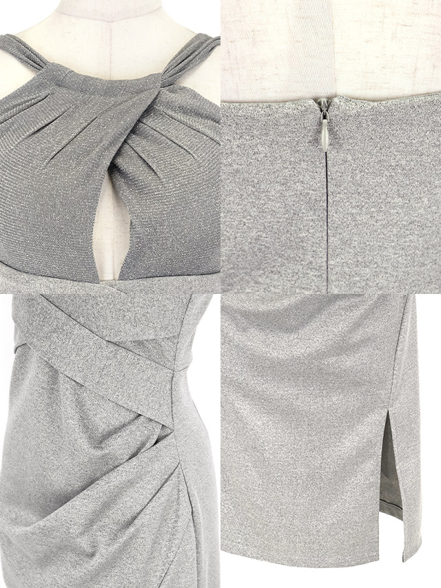 膝丈ドレス タイト ホルターネック風 クロスデザイン 前開き グリッターラメ シンプル 大人 上品 ストレッチ ドレープ スリット 高身長 XL グレー キャバドレス のディティール画像1枚目