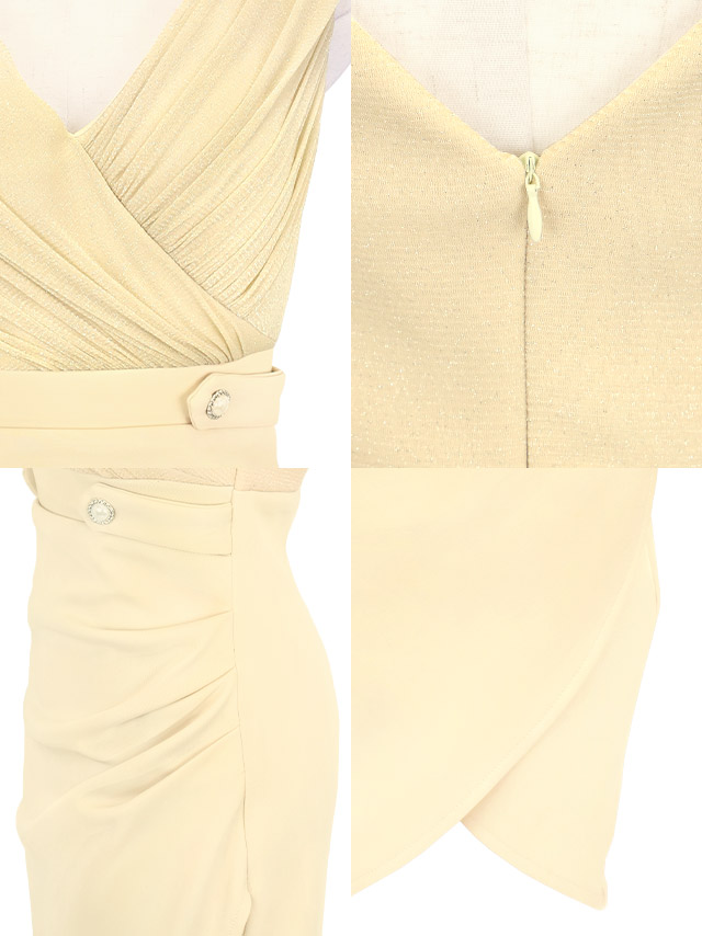 膝丈ドレス タイト 谷間 カシュクール ノースリーブ グリッターラメ シンプル 大人 上品 ストレッチ ラップ 下着のまま 高身長 XL ベージュ キャバドレス のディティール画像1枚目