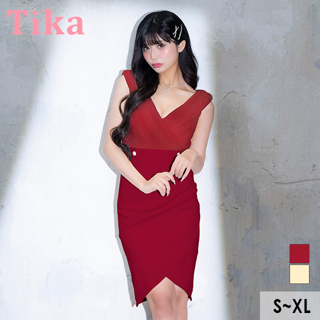 膝丈ドレス タイト 谷間 カシュクール ノースリーブ グリッターラメ シンプル 大人 上品 ストレッチ ラップ 下着のまま 高身長 XL ワインレッド キャバドレス の商品画像1枚目