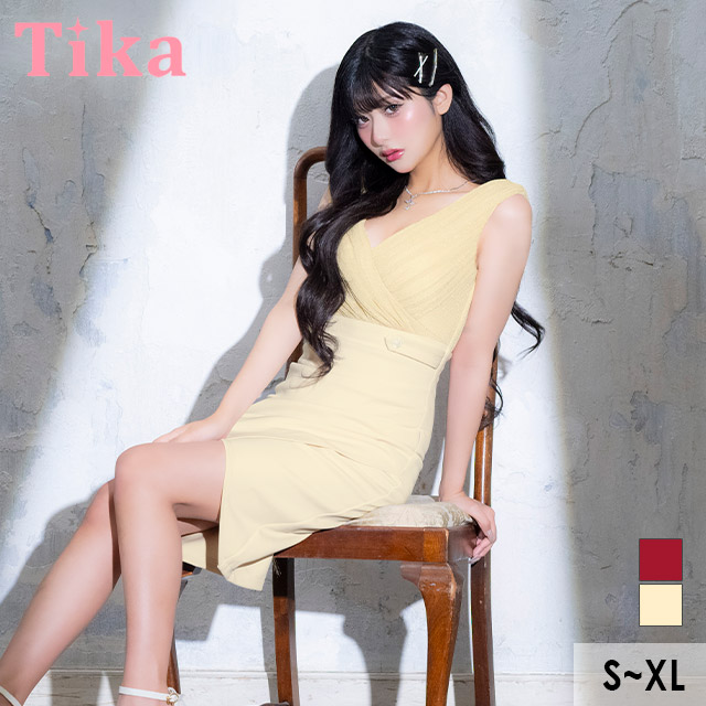 膝丈ドレス タイト 谷間 カシュクール ノースリーブ グリッターラメ シンプル 大人 上品 ストレッチ ラップ 下着のまま 高身長 XL ベージュ キャバドレス の座り画像1枚目