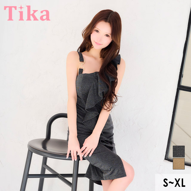 膝丈ドレス タイト ワンショルダー風 フリル アシメショルダー グリッターラメ シンプル 胸元カバー 大人 上品 ストレッチ スリット 高身長 XL ブラック キャバドレス のメイン画像