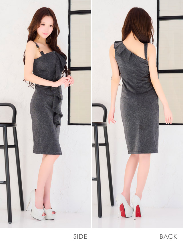 膝丈ドレス タイト ワンショルダー風 フリル アシメショルダー グリッターラメ シンプル 胸元カバー 大人 上品 ストレッチ スリット 高身長 XL ブラック キャバドレス のサイド・バック画像