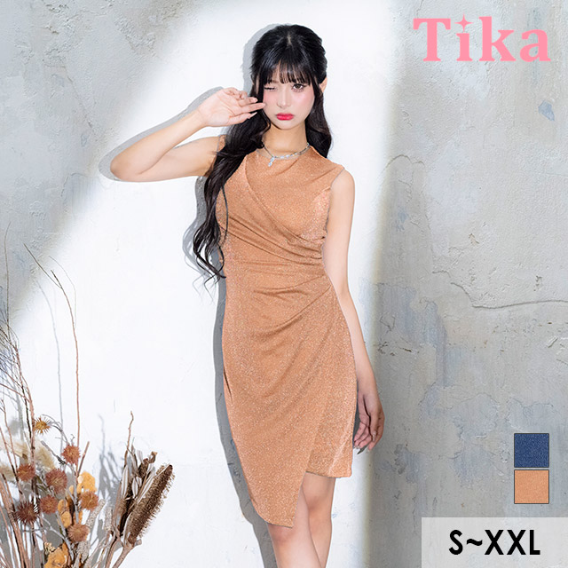 膝丈ドレス タイト ノースリーブ グリッターラメ シンプル 大人 上品 胸元カバー ストレッチ ラップ 下着のまま 高身長 XL XXL ベージュ キャバドレス キャバドレス のメイン画像