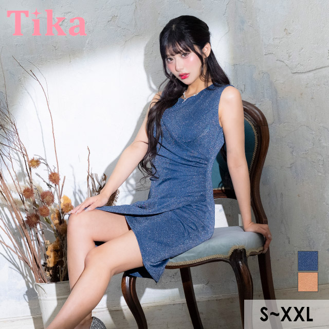 膝丈ドレス タイト ノースリーブ グリッターラメ シンプル 大人 上品 胸元カバー ストレッチ ラップ 下着のまま 高身長 XL XXL ブルー キャバドレス のメイン画像