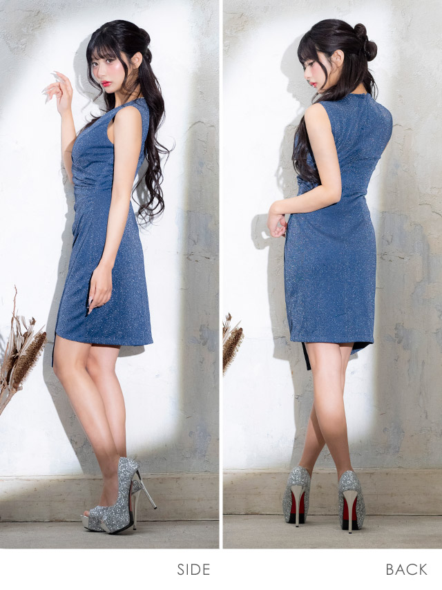 膝丈ドレス タイト ノースリーブ グリッターラメ シンプル 大人 上品 胸元カバー ストレッチ ラップ 下着のまま 高身長 XL XXL ベージュ キャバドレス キャバドレス のサイド・バック画像