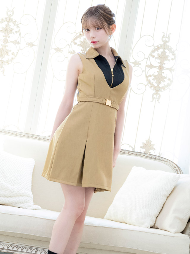キャバドレスミニ丈キャバクラクラブラウンジミニドレスAラインノースリーブワンピース同伴ジップ谷間襟付きバイカラーベルト付きブラジャーのまま大きいサイズXLXXLカーキベージュキャバドレス