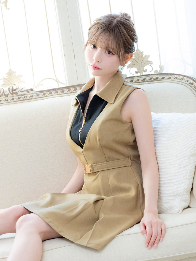 キャバドレスミニ丈キャバクラクラブラウンジミニドレスAラインノースリーブワンピース同伴ジップ谷間襟付きバイカラーベルト付きブラジャーのまま大きいサイズXLXXLカーキベージュキャバドレス