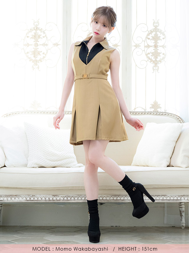キャバドレスミニ丈キャバクラクラブラウンジミニドレスAラインノースリーブワンピース同伴ジップ谷間襟付きバイカラーベルト付きブラジャーのまま大きいサイズXLXXLカーキベージュキャバドレス