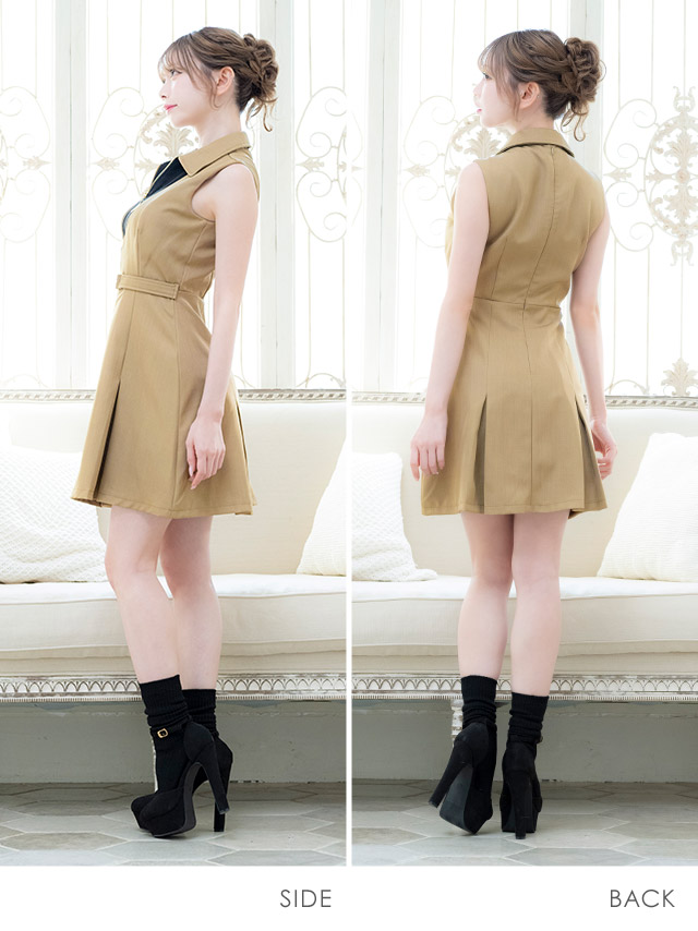 キャバドレスミニ丈キャバクラクラブラウンジミニドレスAラインノースリーブワンピース同伴ジップ谷間襟付きバイカラーベルト付きブラジャーのまま大きいサイズXLXXLカーキベージュキャバドレス