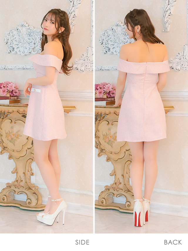 ミニドレス谷間オフショルダーツイードウエストベルト付きジップバイカラーパールボタンAラインキャバドレス