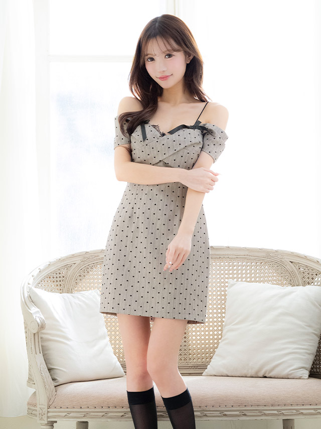 ミニドレス タイト ドット柄 肩あき リボン レース バレンタイン ハート グレージュ XL キャバドレス の商品画像3枚目
