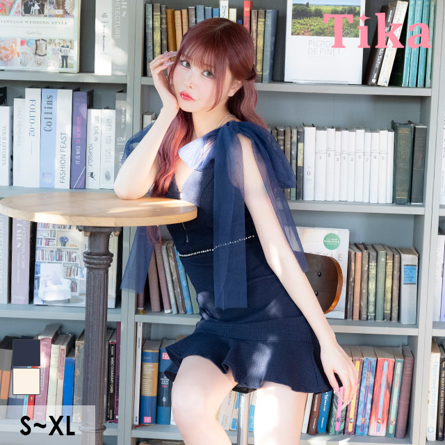 バストジップキャミソールチュールリボン裾フリルツイードタイトミニドレスの商品画像1枚目