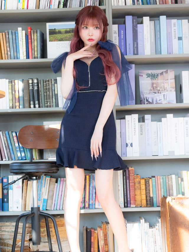 バストジップキャミソールチュールリボン裾フリルツイードタイトミニドレスの商品画像2枚目