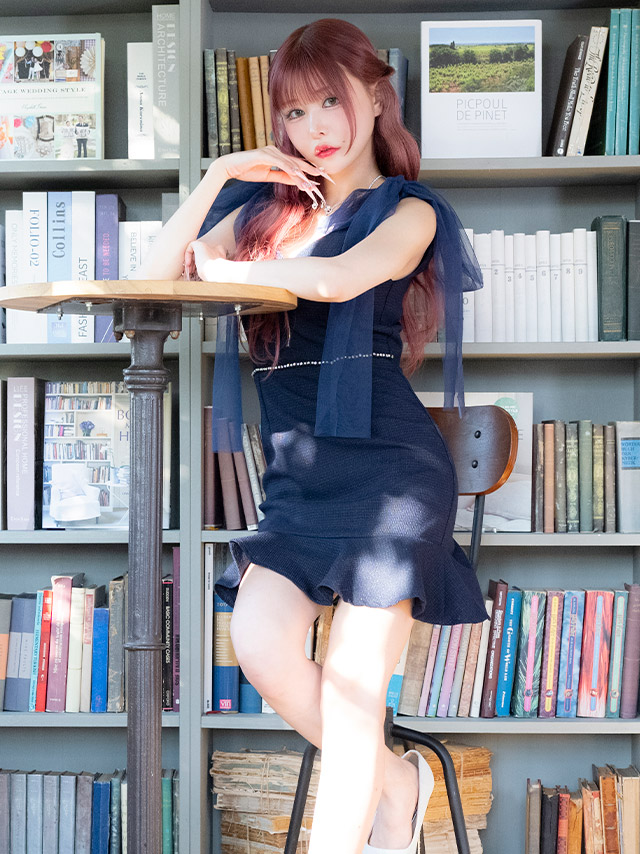 バストジップキャミソールチュールリボン裾フリルツイードタイトミニドレスの商品画像3枚目